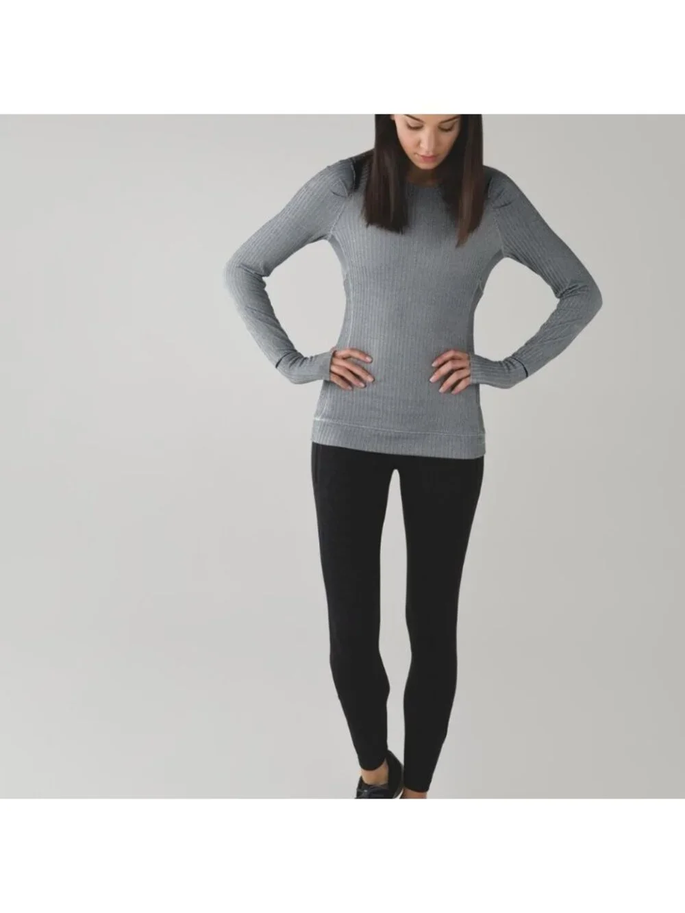 Lululemon Think Fast Long Sleeve Heathered Herringbone Silver Spoon Blk